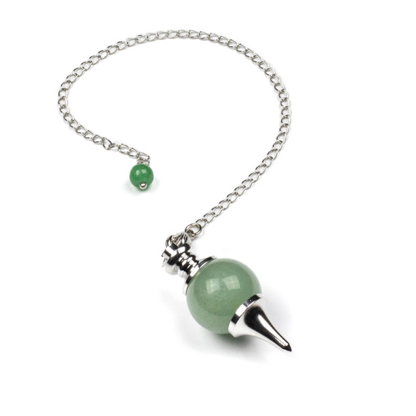 Green Aventurine 18x48mm Pendulum with 7" Silver Plated Brass Chain and 6mm Round Bead - 1 per bag