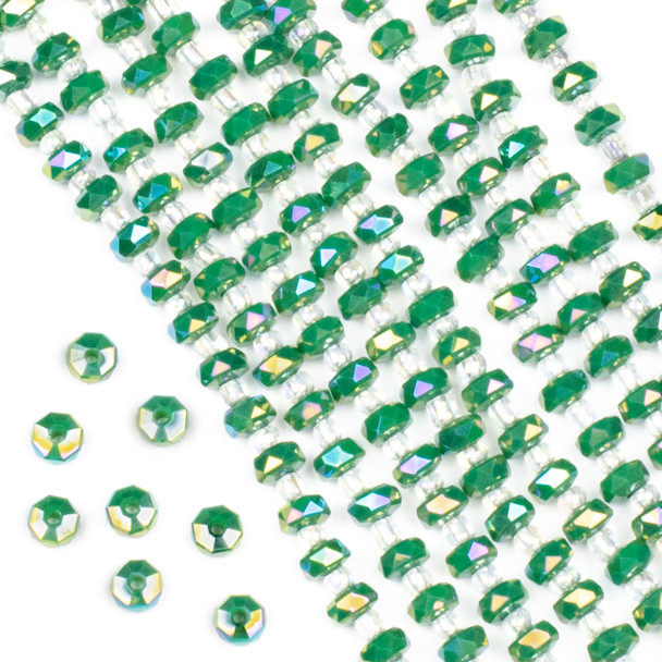 Crystal 4x6mm Opaque Ming Jade Green Faceted Heishi Beads with an AB finish - 16 inch strand