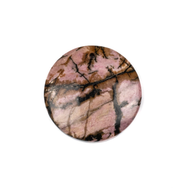 Rhodonite 40mm Top Front to Back Drilled Coin Pendant with a Flat Back - 1 per bag