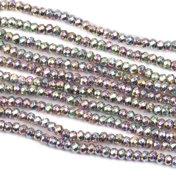 Hematite 2x3mm Electroplated Pink Rainbow Faceted Rondelle Beads - approx. 8 inch strand