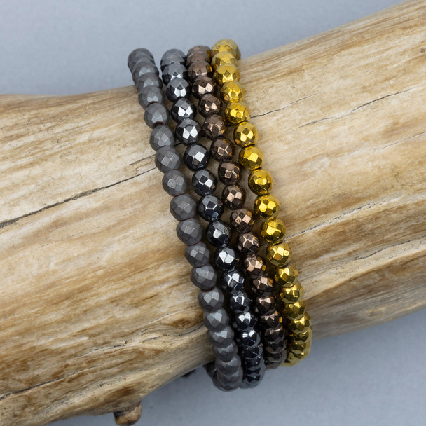 Cherry Tree Beads Synthetic Hematite 4mm Electroplated Bronzite Faceted Round Beads - approx. 8 inch strand: Matte Natural, Natural, Bronze, and Gold