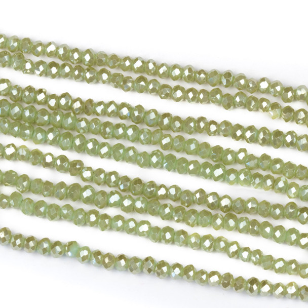 Crystal 2x2mm Opaque Taupe Kissed Basil Green Rondelle Beads with a Silver AB finish - Approx. 15.5 inch strand