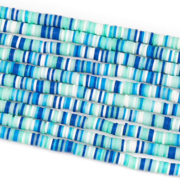 Polymer Clay 1x6mm Heishi Beads - Blue Lagoon Mix #33, 15 inch strand