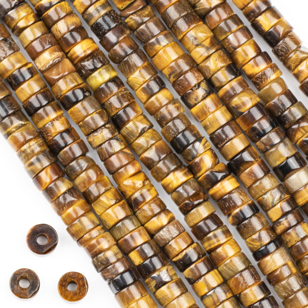 Large Hole Yellow Tigereye 4x8mm Heishi Beads with a 2.5mm Drilled Hole - approx. 8 inch strand