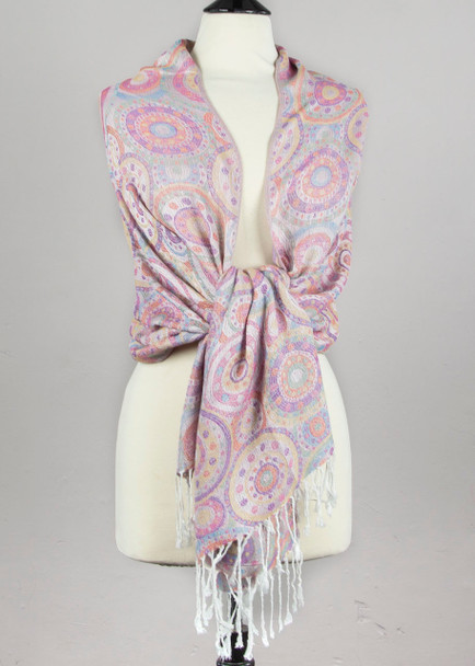 Pashmina Scarf with Pastels and White Circle Pattern - #45