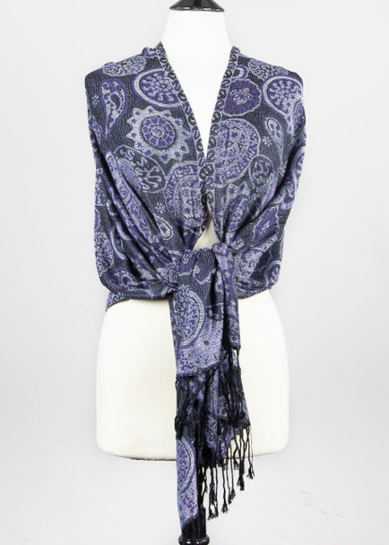 Pashmina Scarf with Black & Purple Floral Circle Pattern - #51