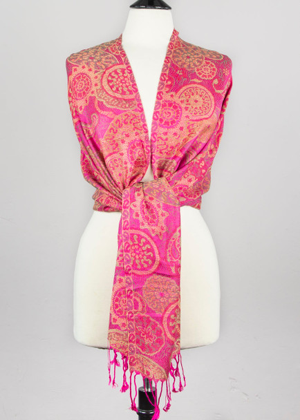 Pashmina Scarf with Hot Pink Floral Circle Pattern - #54