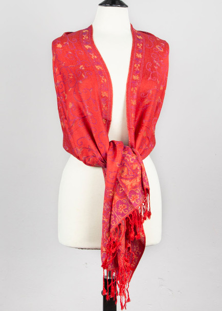 Pashmina Scarf with Red Twisted Vine Pattern - #65