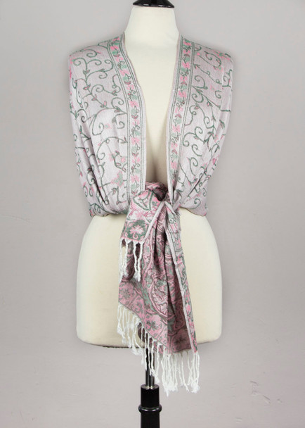 Pashmina Scarf with Silver, Pink, & Green Twisted Vine Pattern - #69