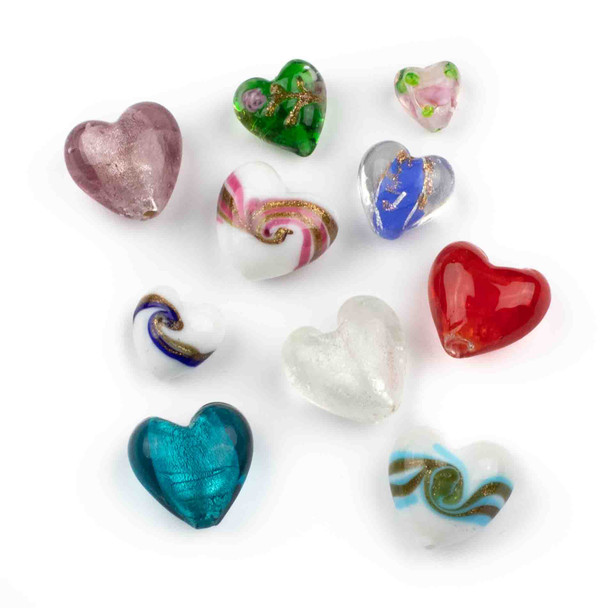 Handmade Lampwork Glass Heart Bead Loose Mix - 10 pieces per bag