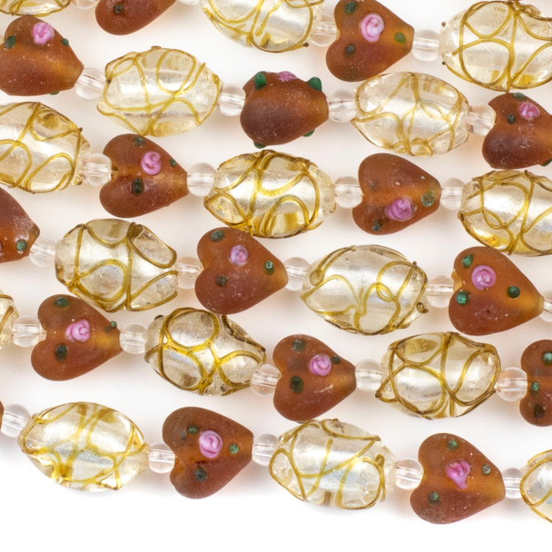 Handmade Lampwork Glass 12mm Matte Brown Heart Beads with a Pink Rose alternating with 12x15mm Clear Egg Beads with Yellow Swirls - 8 inch strand