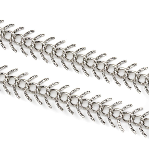 Natural silver stainless steel 6x11.5mm fishbone chain with detailed pattern, 10 meter spool, perfect for jewelry making by Cherry Tree Beads.