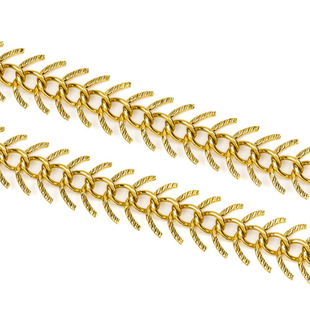 Close-up of 18k gold plated stainless steel 6x11.5mm fishbone chain with detailed pattern, 2 meters, perfect for jewelry making, available from Cherry Tree Beads