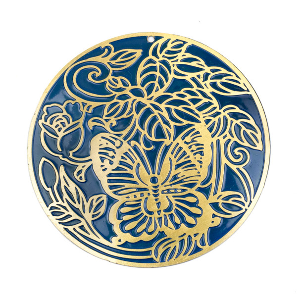 Enameled Brass 50mm Coin Focal with Peacock Blue Background and Butterfly - 1 per bag