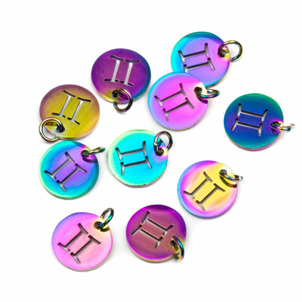 Cherry Tree Beads Purple Rainbow Plated Stainless Steel 12mm Gemini Zodiac Charm with 4mm Open Jump Ring- 1 per bag  Cherry Tree Beads Purple Rainbow Plated Stainless Steel 12mm Gemini Zodiac Charm with 4mm Open Jump Ring- 1 per bag