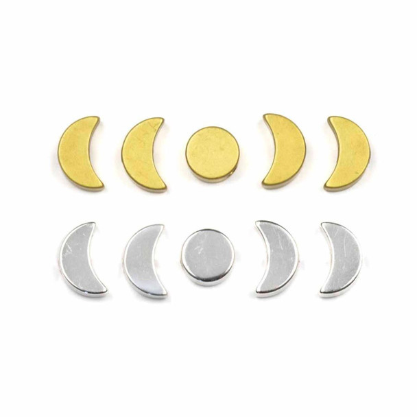 10-piece set of brass moon phase beads shown in raw and silver finishes, featuring 8 crescent half moons and 2 full moon rounds with 1.25mm holes for jewelry making.
