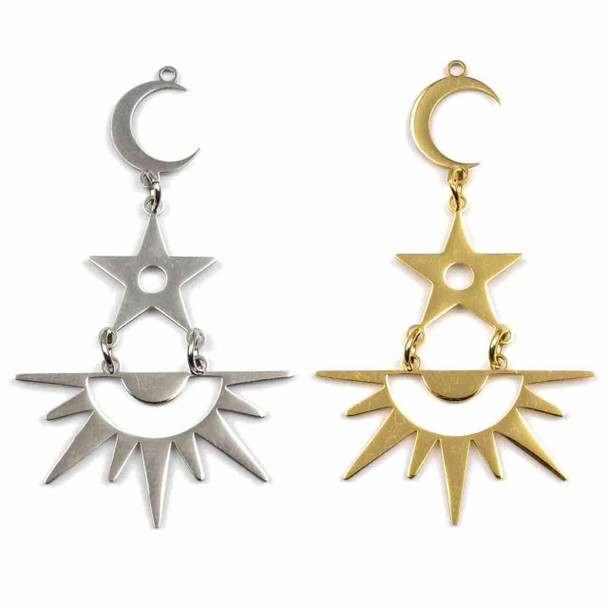 Cherry Tree Beads 304 Stainless Steel 32x53mm Moon, Star, & Sun Components with 5mm Open Jump Rings - 2 per bag 