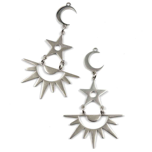 Natural Silver Stainless Steel 32x53mm Moon, Star, & Sun Components with 5mm Open Jump Rings - 2 per bag