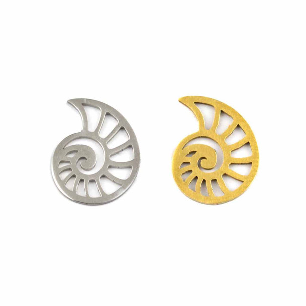Two 304 stainless steel nautilus shell-shaped jewelry components in stainless and gold plated finishes, featuring intricate cutout details and an ocean-inspired spiral design.