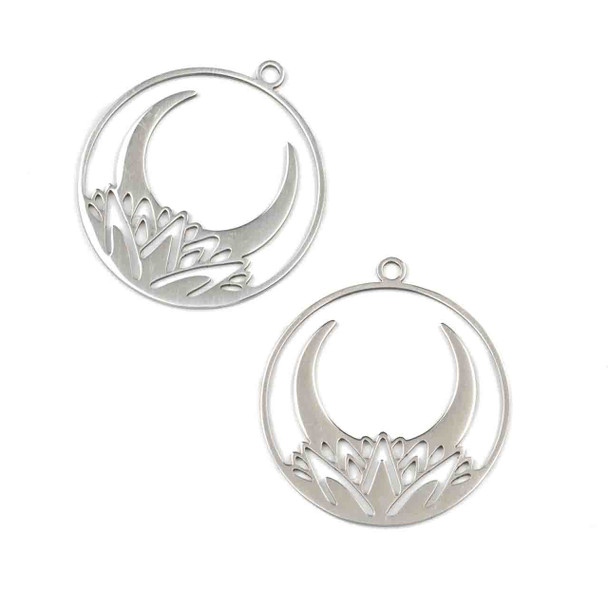 Natural Silver Stainless Steel 29x32mm Crescent Moon & Lotus Component - 2 per bag