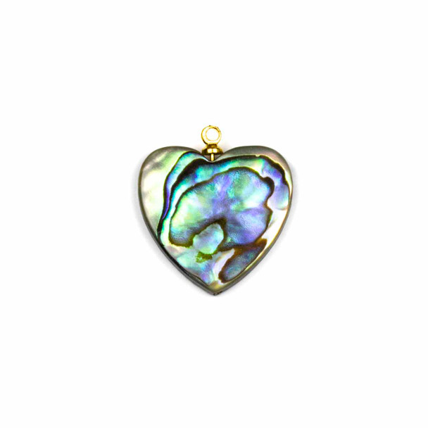 Abalone Paua Shell 20mm Heart Pendant with Gold Colored Bail - 1 per bag