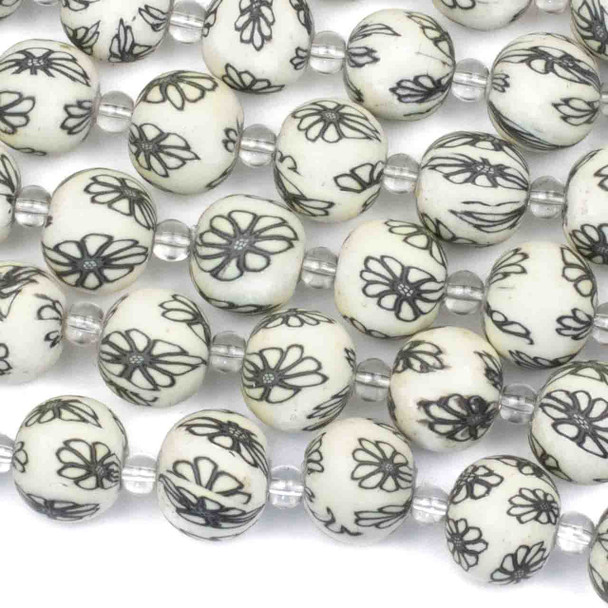 Fimo 12mm White Round Beads with Black Flowers - 8 inch strand
