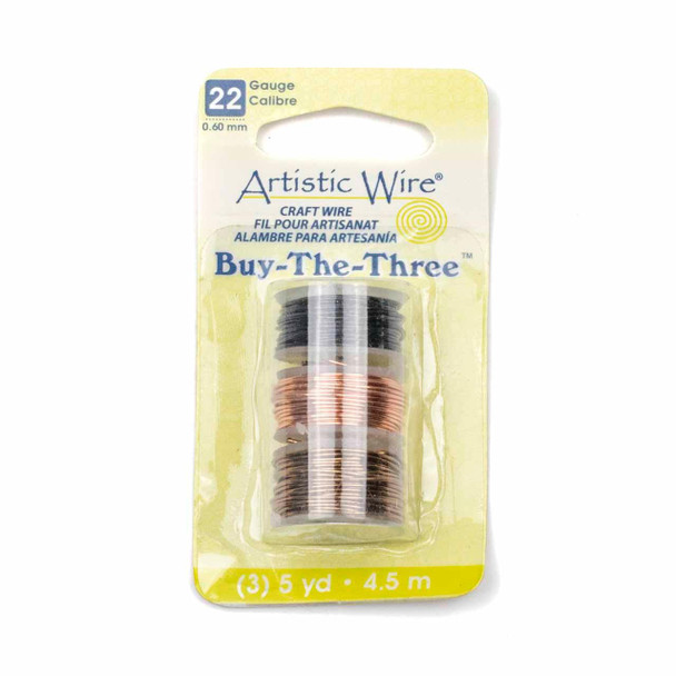 Artistic Wire Buy-The-3 Colored Copper Craft Wire - 22 Gauge/.64 mm, Tarnish Resistant Black, Natural Copper, Antique Brass Color 