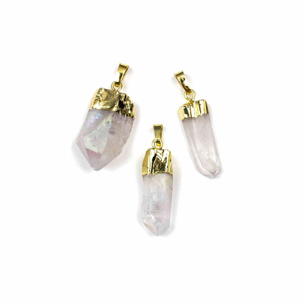 Cherry Tree Beads Quartz with AB Finish approx. 5-14x32-46mm Hexagonal Point Pendant with Gold Plated Cap, Loop, and Bail - 1 per bag 