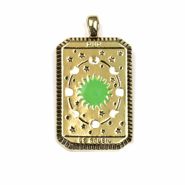 Gold Plated Brass 27x49mm Sun Tarot Card Pendant - 1 per bag