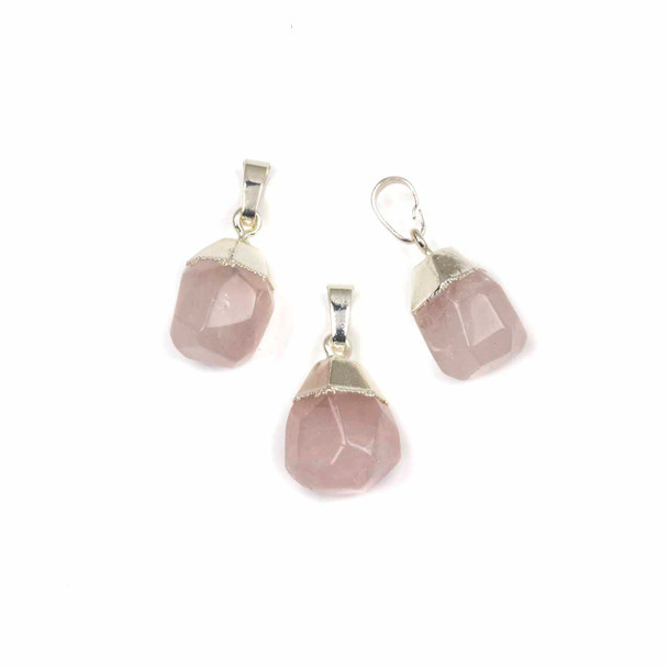 Rose Quartz 12x15-15x20mm Faceted Nugget Drop Pendant with Silver Plated Cap and Bail - 1 per bag