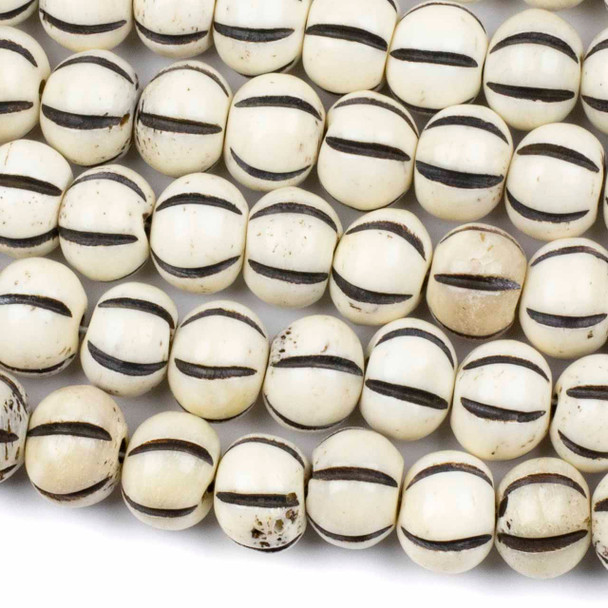 Bone 11x14mm White Rondelle Beads with Carved Black Vertical Lines - 8 inch strand