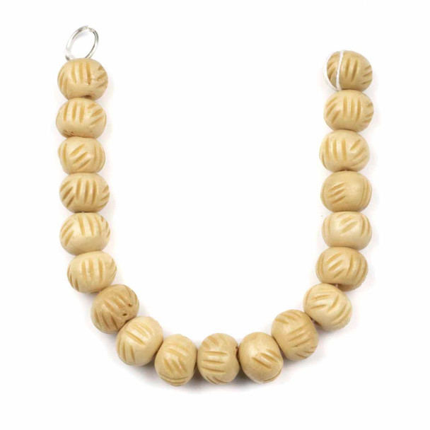 Cherry Tree Beads 10x14mm natural bone rondelle beads with carved vertical and diagonal line details, 8-inch strand.