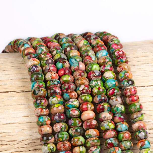 Cherry Tree Beads Dyed Fiesta Rainbow Impression Jasper 4x6mm Rondelle Beads - color #06 on a 15-inch strand featuring colorful dyed gemstone rondelle beads for jewelry making.
