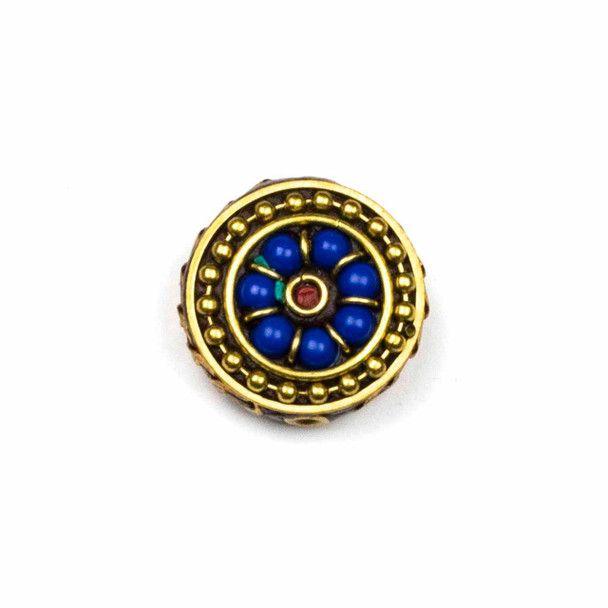Cherry Tree Beads Tibetan Brass 22mm Coin Bead with Lapis Inlay and Red Coral Center - 1 per bag 