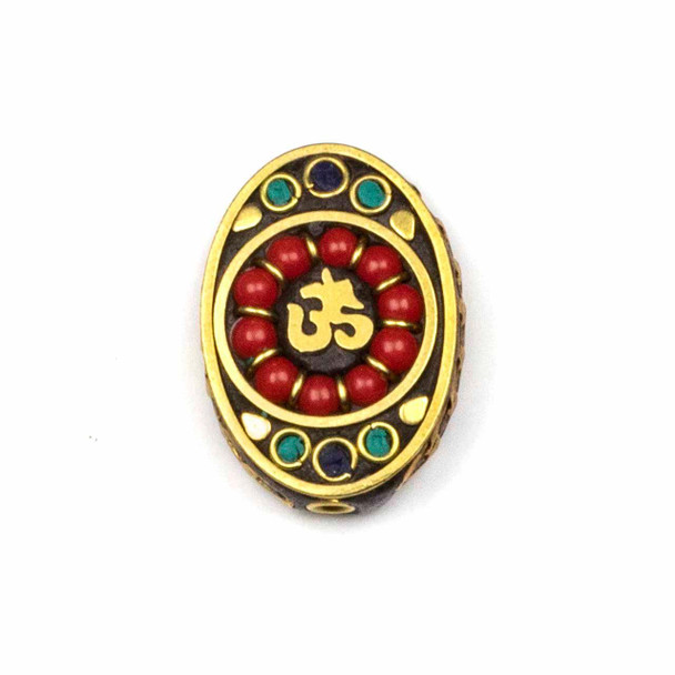 Cherry Tree Beads Tibetan Brass 22x30mm Oval Bead with Brass Ohm and Red Coral and Turquoise Howlite Inlay - 1 per bag 
