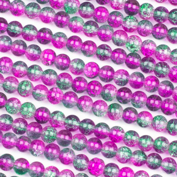 Crackle Glass 6mm Hot Pink & Green Round Beads - color #V18, 30 inch strand