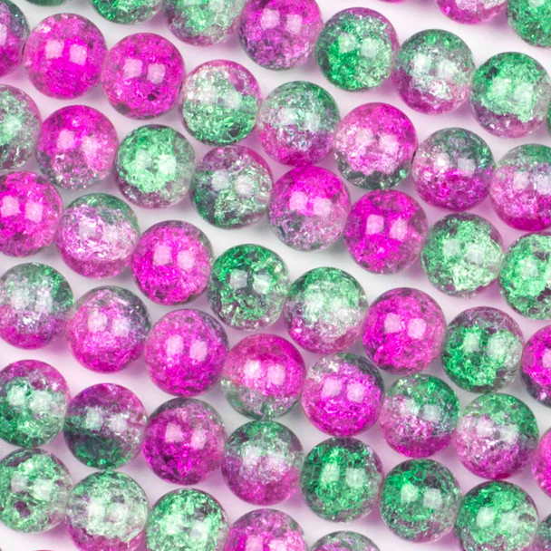 Crackle Glass 10mm Hot Pink & Green Round Beads - color #V18, 30 inch strand