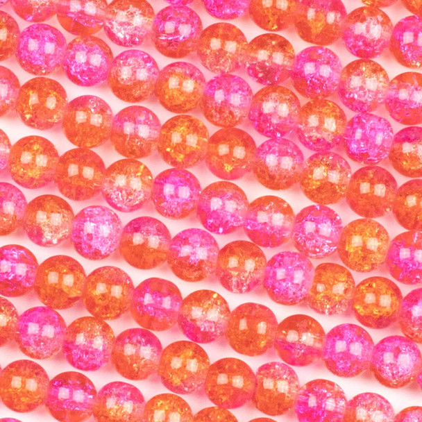 Crackle Glass 8mm Pink & Orange Round Beads - color #V21, 30 inch strand
