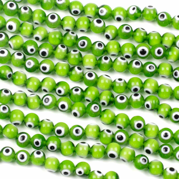 Glass 8mm Green Evil Eye Round Beads - 14 inch strand