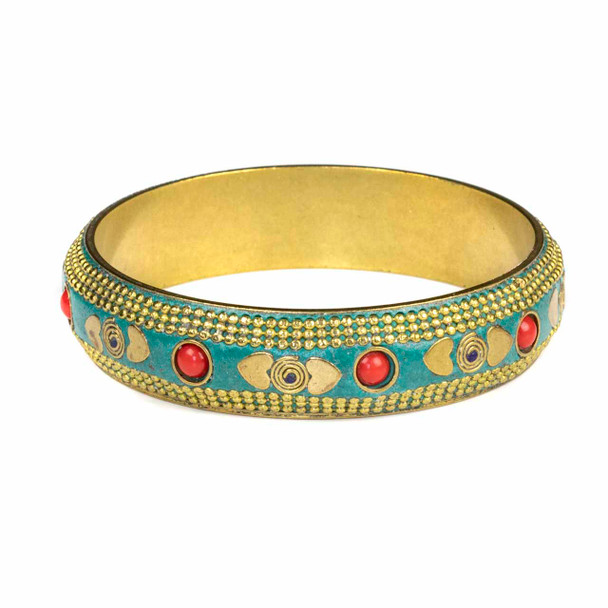 Tibetan Brass Bracelet - Turquoise with Red Coral Inlay and Brass Hearts and Swirls - 1 per bag