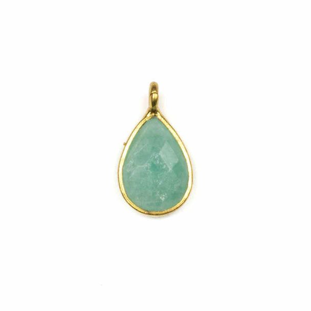 Amazonite tiny teardrop pendant, approx. 8x14mm with faceted cut and gold vermeil bezel, made from natural gemstone and available from Cherry Tree Beads.