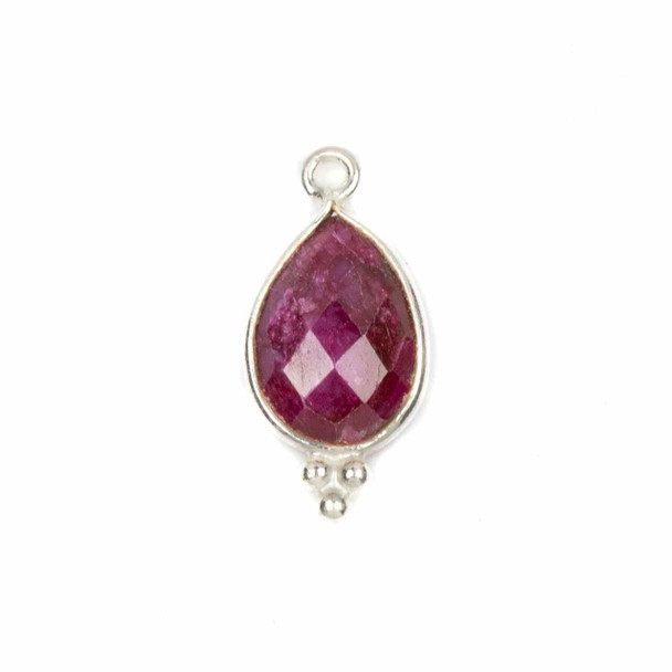 Cherry Tree Beads Ruby 11x22mm Faceted Teardrop Drop with Sterling Silver Bezel and 3 Tiny Dots - 1 piece 
