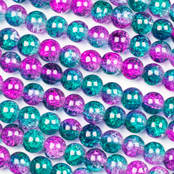 Crackle Glass 8mm Teal & Hot Pink Round Beads - color #V24, 30 inch strand