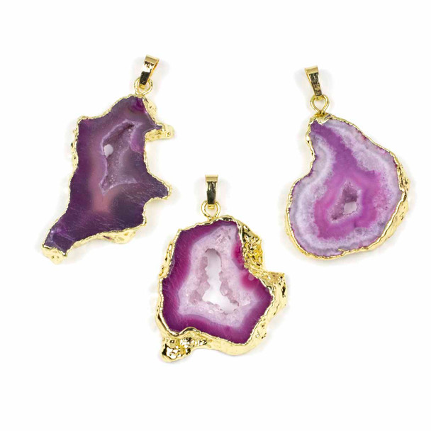 Druzy Agate Slice approximately 20-30x40-50mm Hot Pink & Purple Hued Pendant with Gold Colored Pewter Framing and Bail