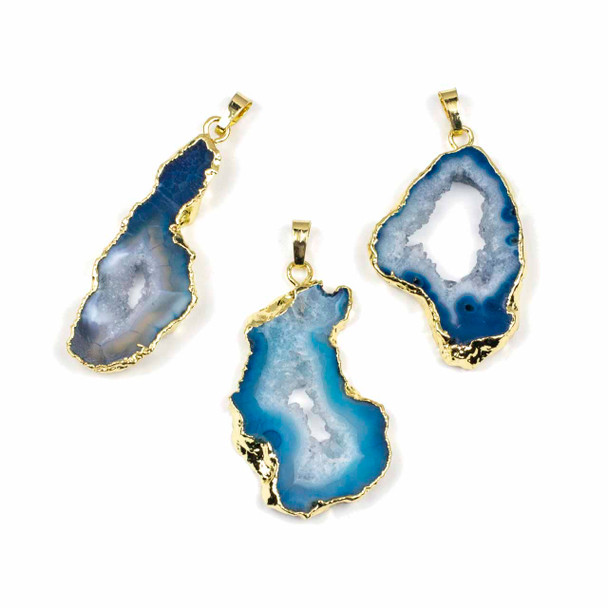 Druzy Agate Slice approximately 20-30x40-50mm Blue Hued Pendant with Gold Colored Pewter Framing and Bail