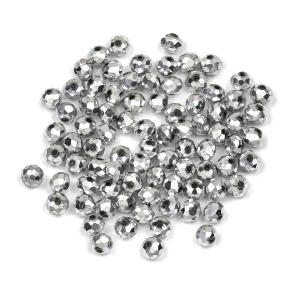 Crystal 4x6mm Opaque Bright Silver Faceted Rondelle Beads - Approx. 15.5 inch strand