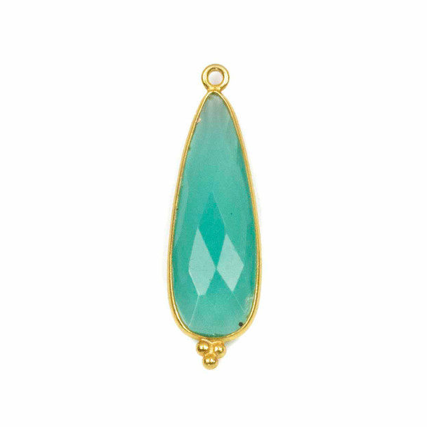 Cherry Tree Beads Aqua Chalcedony 11x37mm Faceted Long Teardrop Drop with Gold Vermeil Bezel and 3 Tiny Dots - 1 piece 