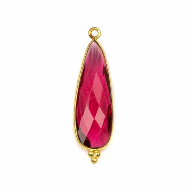 Cherry Tree Beads Pink Tourmaline Quartz 11x37mm Faceted Long Teardrop Drop with Gold Vermeil Bezel and 3 Tiny Dots - 1 piece 