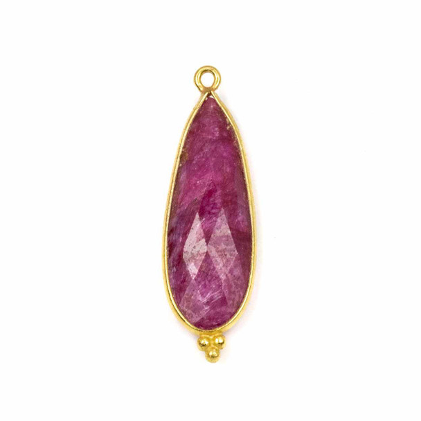 Cherry Tree Beads Ruby 11x37mm Faceted Long Teardrop Drop with Gold Vermeil Bezel and 3 Tiny Dots - 1 piece 