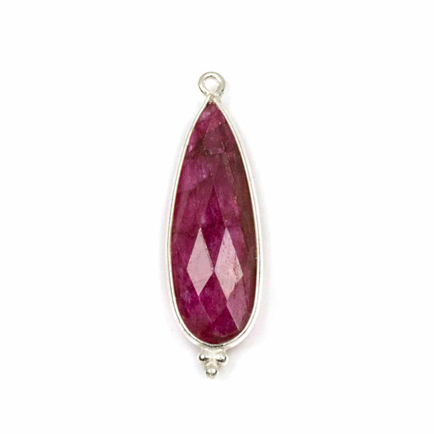 Cherry Tree Beads Ruby 11x37mm Faceted Long Teardrop Drop with Sterling Silver Bezel and 3 Tiny Dots - 1 piece 